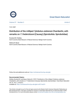 Distribution of the Milliped Tylobolus Utahensis Chamberlin, with Remarks on T