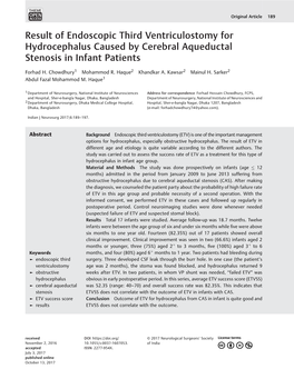 Result of Endoscopic Third Ventriculostomy for Hydrocephalus Caused by Cerebral Aqueductal Stenosis in Infant Patients