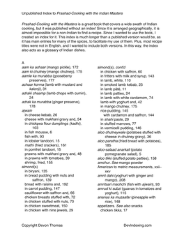 Unpublished Index to Prashad-Cooking with the Indian Masters