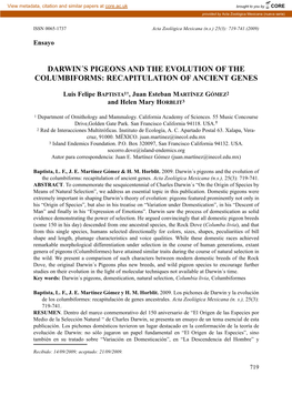 Darwin´S Pigeons and the Evolution of the Columbiforms: Recapitulation of Ancient Genes