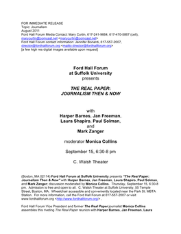 Ford Hall Forum at Suffolk University Presents the REAL PAPER