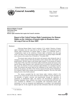 Report of the United Nations High Commissioner for Human Rights on the Violations of Human Rights in Honduras Since the Coup D’État on 28 June 2009*