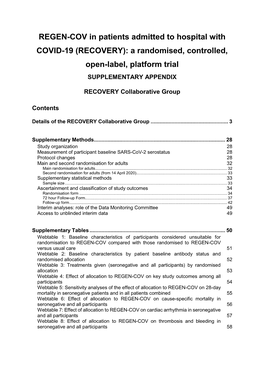 REGEN-COV in Patients Admitted to Hospital with COVID-19 (RECOVERY): a Randomised, Controlled, Open-Label, Platform Trial SUPPLEMENTARY APPENDIX