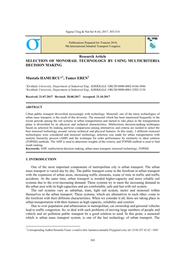 Research Article SELECTION of MONORAIL TECHNOLOGY by USING MULTICRITERIA DECISION MAKING