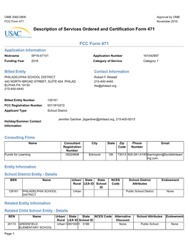 Description of Services Ordered and Certification Form 471 FCC Form