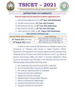 TSICET – 2021 (Telangana State Integrated Common Entrance Test for MBA and MCA) Conducted by Kakatiya University, Warangal on Behalf of TSCHE, Hyderabad