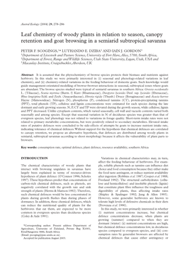 Leaf Chemistry of Woody Plants in Relation to Season, Canopy Retention and Goat Browsing in a Semiarid Subtropical Savanna