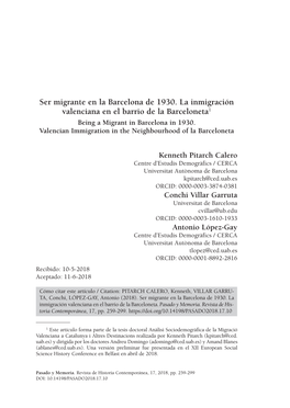 Pdf Ser Migrante En La Barcelona De 1930. La Inmigración Valenciana En