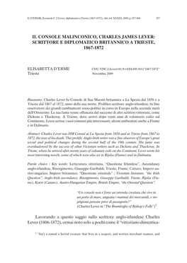 Il Console Malinconico, Charles James Lever: Scrittore E Diplomatico Britannico a Trieste, 1867-1872