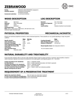 Zebrawood Technical Data