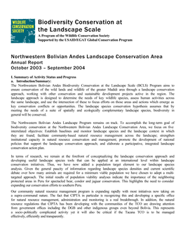 Biodiversity Conservation at the Landscape Scale a Program of the Wildlife Conservation Society Supported by the USAID/EGAT Global Conservation Program