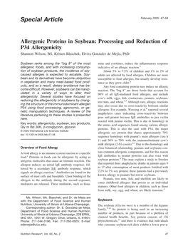 Allergenic Proteins in Soybean: Processing and Reduction of P34 Allergenicity Shannon Wilson, BS, Kristen Blaschek, Elvira Gonzalez De Mejia, Phd