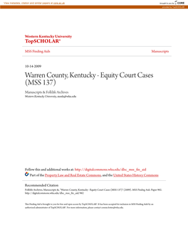 Warren County, Kentucky - Equity Court Cases (MSS 137) Manuscripts & Folklife Archives Western Kentucky University, Mssfa@Wku.Edu