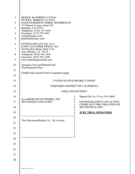 In Re Bigband Networks, Inc. Securities Litigation 07-CV-05101-Consolidated Class Action Complaint for Violation of Securities L