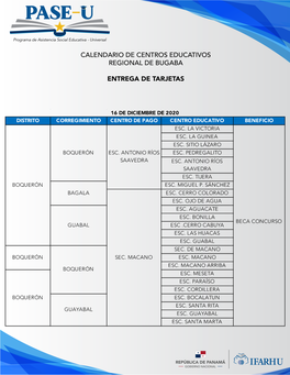 Calendario De Centros Educativos Regional De Bugaba