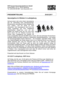 PRESSEMITTEILUNG 29.05.2017 Apocalyptica Im Oktober In