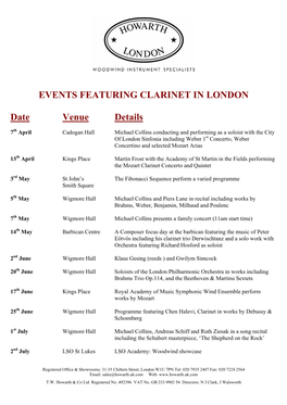 EVENTS FEATURING CLARINET in LONDON Date Venue Details