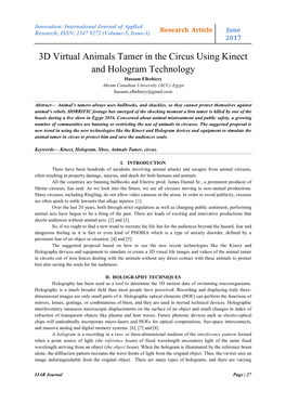 3D Virtual Animals Tamer in the Circus Using Kinect and Hologram Technology Hussam Elbehiery Ahram Canadian University (ACU) Egypt Hussam.Elbehiery@Gmail.Com