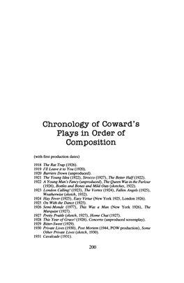 Chronology of Coward's Plays in Order of Composition