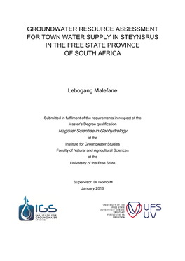 Groundwater Resource Assessment for Town Water Supply in Steynsrus in the Free State Province of South Africa