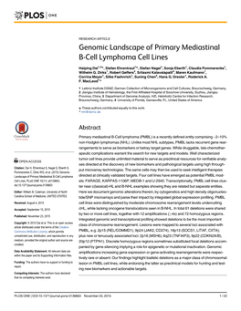 Genomic Landscape of Primary Mediastinal B-Cell Lymphoma Cell Lines