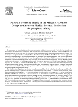 Naturally Occurring Arsenic in the Miocene Hawthorn Group, Southwestern Florida: Potential Implication for Phosphate Mining