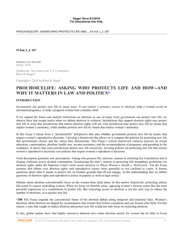 Prochoicelife: Asking Who Protects Life and How—Why It Matters in Law and Politics