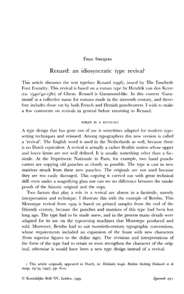 FRED SMEIJERS Renard: an Idiosyncratic Type Revival1 This Article Discusses the Text Typeface Renard (1996), Issued by the Ensch