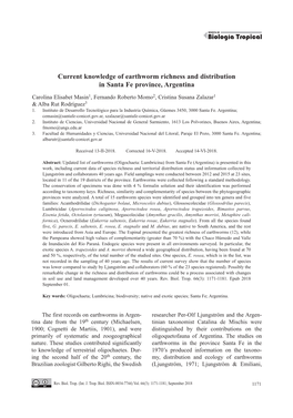 Current Knowledge of Earthworm Richness and Distribution in Santa Fe Province, Argentina