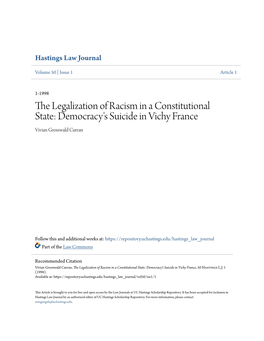 The Legalization of Racism in a Constitutional State: Democracy's Suicide in Vichy France Vivian Grosswald Curran