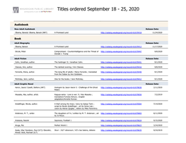 Titles Ordered September 18 - 25, 2020