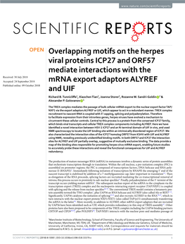 Overlapping Motifs on the Herpes Viral Proteins ICP27 and ORF57 Mediate