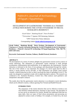 Development of Gastronomic Tourism As a Tourist Attraction During the Covid-19 Pandemic in the Ex-Surakarta Residency Pjaee, 17 (8) (2020)