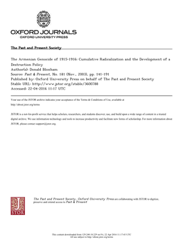 The Armenian Genocide of 1915-1916: Cumulative Radicalization and the Development of a Destruction Policy Author(S): Donald Bloxham Source: Past & Present, No