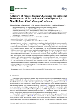 A Review of Process-Design Challenges for Industrial Fermentation of Butanol from Crude Glycerol by Non-Biphasic Clostridium Pasteurianum