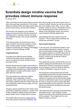 Scientists Design Nicotine Vaccine That Provokes Robust Immune Response 12 January 2015