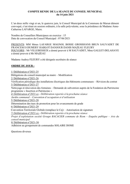 COMPTE RENDU DE LA SEANCE DU CONSEIL MUNICIPAL Du 14 Juin 2021