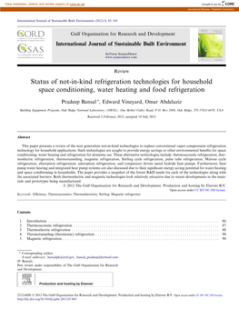 Status of Not-In-Kind Refrigeration Technologies for Household Space Conditioning, Water Heating and Food Refrigeration