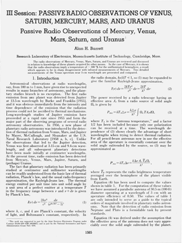 III. Session: Passive Radio Observations of Venus, Saturn, Mercury, Mars, and Uranus