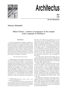 Mateusz Michalski* Tikkun Chatzot – Semiotics of Synagogues on the Example of the Synagogue in Siemiatycze