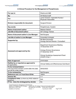 A Clinical Procedure for the Management of Paraphimosis for Use In: Wards and A&E By: All Medical Staff For: Junior Doctors