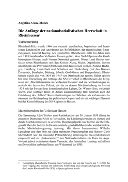 Die Anfänge Der Nationalsozialistischen Herrschaft in Rheinhessen1