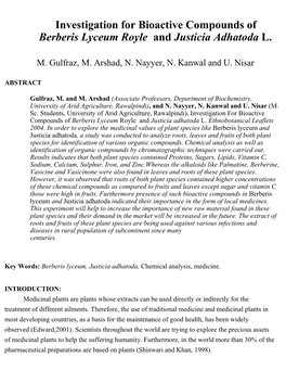 Investigation for Bioactive Compounds of Berberis Lyceum Royle and Justicia Adhatoda L