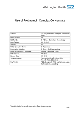 Use of Prothrombin Complex Concentrate