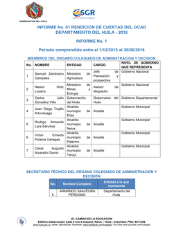 INFORME No. 01 RENDICION DE CUENTAS DEL OCAD DEPARTAMENTO DEL HUILA - 2016