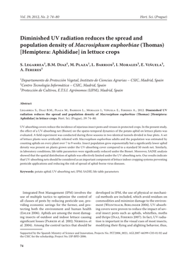 Diminished UV Radiation Reduces the Spread and Population Density of Macrosiphum Euphorbiae (Thomas) [Hemiptera: Aphididae] in Lettuce Crops