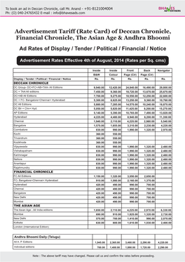 Advertisement Tariff (Rate Card) of Deccan Chronicle, Financial Chronicle, the Asian Age & Andhra Bhoomi Ad Rates of Display / Tender / Political / Financial / Notice