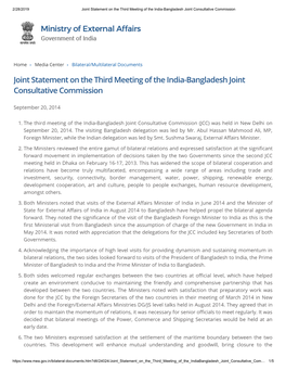 Joint Statement on the Third Meeting of the India-Bangladesh Joint Consultative Commission