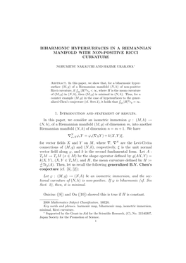 BIHARMONIC HYPERSURFACES in a RIEMANNIAN MANIFOLD with NON-POSITIVE RICCI CURVATURE 1. Introduction and Statement of Results. In