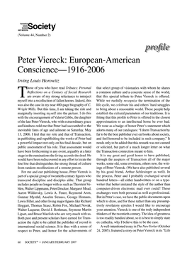 Peter Viereck: European-American Conscience--1916-2006 Irving Louis Horowitz